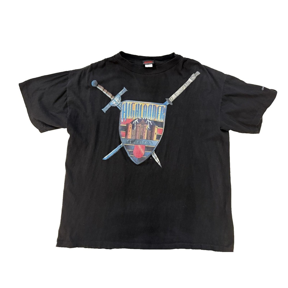 Vintage 90s Highlander Shirt‎ Mens Large Black Sword Crest Graphic Tee Movie